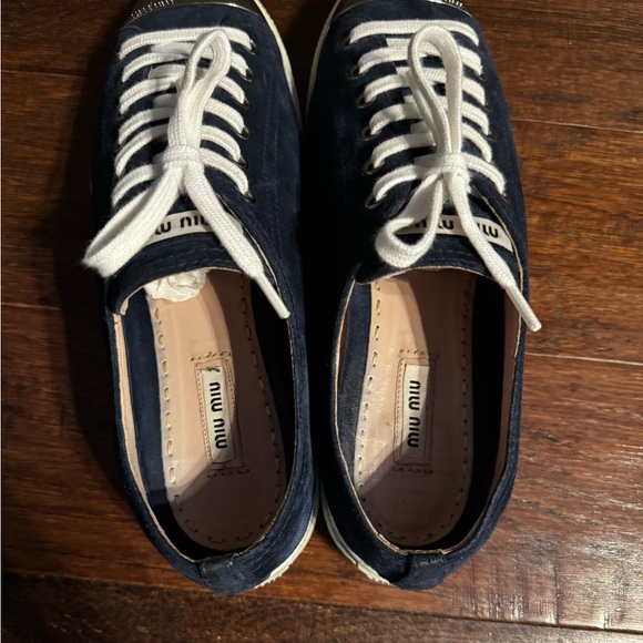 Miu Miu Navy Blue Suede Metal Cap Toe Lace Up Sneakers- 40 - Picture 8 of 14